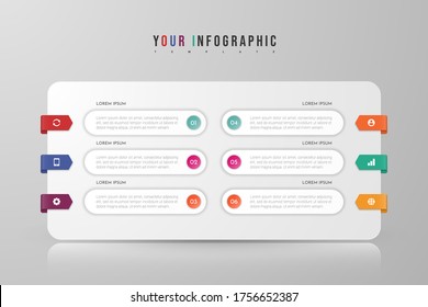 Infographic concept design with 6 options, steps or processes. Can be used for workflow layout, annual report, flow charts, diagram, presentations, web sites, banners, printed materials.