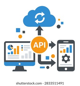 An infographic concept displaying data flow mediated by an API hub, connecting a desktop screen, a mobile device, and a cloud database icon with arrows.