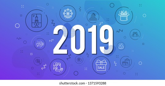 Infographic concept. Ferris wheel, Roller coaster and Sale offer icons simple set. Crane claw machine, Shopping and World globe signs. Search flight, Hat-trick and Flight destination symbols. Vector