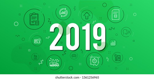 Infographic concept. Graph chart, Truck delivery and Timer icons simple set. Update data, Delete file and Accounting checklist signs. Car, Parking payment and Face id symbols. 2019 year. Vector