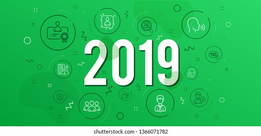 Infographic concept. Group, Healthy face and Certificate icons simple set. Developers chat, Edit user and Security signs. Add person, Search employees and Businessman symbols. 2019 year. Vector