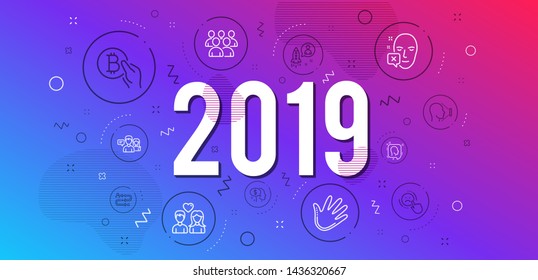Infographic concept. Group, Pay and Dislike icons simple set. Hand, Startup and Face declined signs. Journey path, Face id and Head symbols. Bitcoin pay, Couple love and People talking. Vector