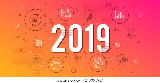 Infographic concept. Loan percent, Flight sale and 3d chart icons simple set. Vacancy, Post package and Money currency signs. Payment, Diagram graph and Tips symbols. 2019 year. Line loan percent icon