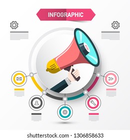 Infographic Concept with Megaphone. Data Flow Chart Template with Circle Labels. Vector Web Layout for Companies. Four Steps Infographics Announcement Design.