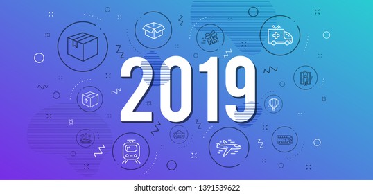 Infographic concept. Opened box, Air balloon and Train icons simple set. Elevator, Parcel and Present delivery signs. Airplane, Ambulance car and Taxi symbols. Bus tour, Car travel and Package