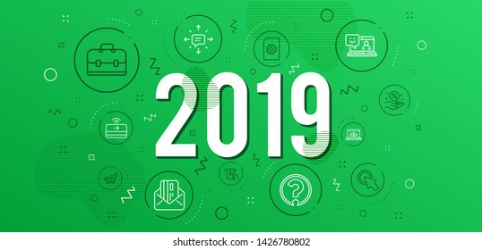 Infographic concept. Portfolio, File management and Click here icons simple set. Smile, Atm service and Question mark signs. Credit card, Online delivery and Loan percent symbols. 2019 year. Vector