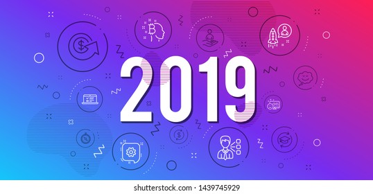 Infographic concept. Recruitment, Third party and Travel compass icons simple set. Bitcoin think, Smile and Dollar exchange signs. Speech bubble, Continuing education and Cogwheel symbols. 2019 year