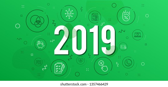 Infographic concept. Reject click, Web love and Credit card icons simple set. Secure mail, Survey checklist and Loan percent signs. Call center, Heart and Euler diagram symbols. 2019 year. Vector