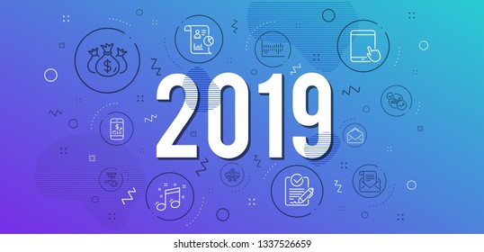 Infographic concept. Rfp, Report and Statistics icons simple set. Mail newsletter, Tablet pc and Mail signs. Column diagram, Sharing economy and Musical note symbols. 2019 year. Line rfp icon. Vector