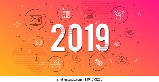 Infographic concept. Savings, Add purchase and Credit card icons simple set. Analytics graph, Usd exchange and Shopping cart signs. Online shopping, Statistics and Cashback card symbols. 2019 year