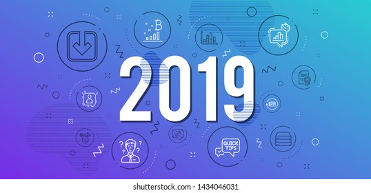 Infographic concept. Servers, Support consultant and Diagram graph icons simple set. Refund commission, Dirty water and Quick tips signs. Spanner, Load document and Bitcoin graph symbols. 2019 year