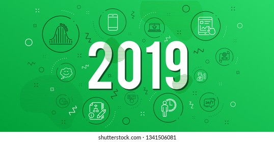 Infographic concept. Website education, Internet report and Buying icons simple set. 24/7 service, Algorithm and Smartphone signs. Cogwheel blueprint, Waiting and Select alarm symbols. 2019 year