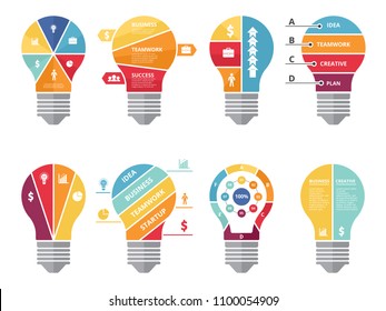 Infographic concepts with shape of lighting bulb. Visualization of various options or processes. Idea graph and chart steps, diagram plan structure, vector illustration