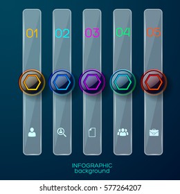 Infographic conceptual background with five vertical glossy bookmarks of rectangular shape with appropriate pictograms attached vector illustration