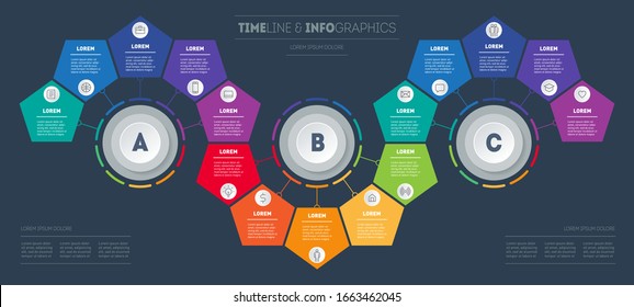 Infographic consisting of 15 parts divided into 3 segments of 5 parts. Business presentation concept with options. Brochure design template. Diagram of technology or education process with steps.