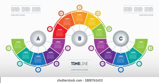 Infografía compuesta por 15 partes divididas en 3 segmentos de 5 partes. Concepto de presentación de negocios con quince escalones. Diagrama del proceso tecnológico o educativo.