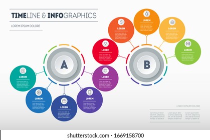 Infographic consisting of 2 segments and 10 parts. Business presentation with options. Brochure design template. Diagram of technology or education process with ten steps. Vector.