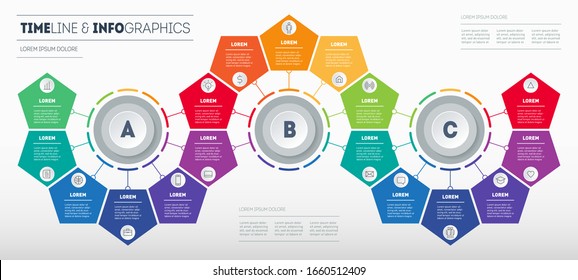 Infographic consisting of 3 segments and 17 parts. Business presentation concept with options. Brochure design template. Diagram of technology or education process with seventeen steps.