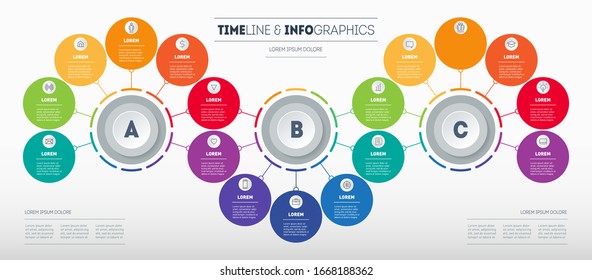 Infographic consisting of 3 segments and 17 parts. Business presentation with options. Brochure design template. Diagram of technology or education process with seventeen steps. Vector.