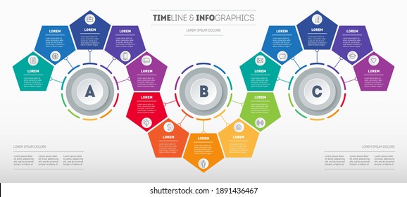 Infographic consisting of 3 segments for 5 parts. Business presentation concept with 15 options. Brochure design template. Diagram of technology or education process with fifteen steps.