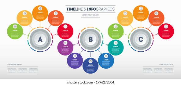 Infographic consisting of 3 segments (A, B, C) and 15 parts. Business presentation with options. Brochure design template. Diagram of technology or education process with seventeen steps. Vector.