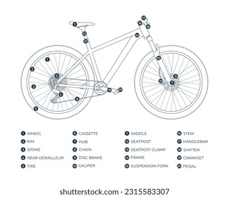 Infographic of construction components, mountain, cross-country bike in sketch line. Constituent elements of the structure bicycle with names. Bicycle parts list. Isolated vector outline illustration