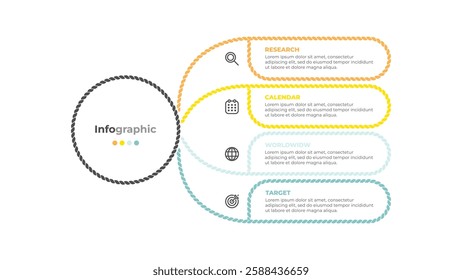 Infographic contains 4 sections. rounded rectangular shape and rope connected to a central circle. Vector illustration.