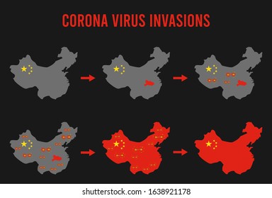 infographic of corona virus invasion from wuhan to all of china with red elements