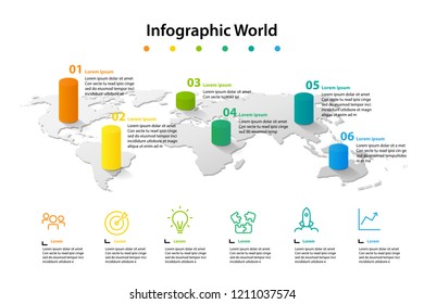 infographic country world map, international world flags, continents background