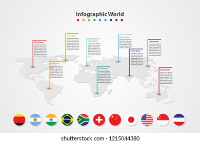 infographic country world map, international world flags, continents background