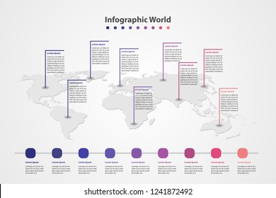 infographic country world map, international world flags, continents background