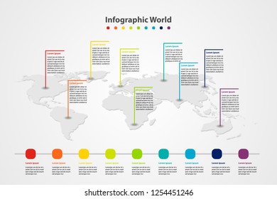 infographic country world map, international world flags, continents background