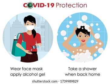 Infographic Of COVID-19 Prevention, Woman Wear Face Mask When Going Outside And Take A Shower When Back Home. Idea For Cleaning To Protect From Covid-10 Coronavirus Pandemic Or Sanitary Concept.