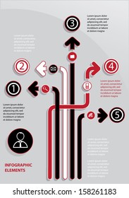 Infographic crossed  red and black arrows with icons and numbers