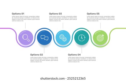 Plantilla de diseño de línea de curva infográfica con 5 círculos coloridos. Presentación de negocios, hitos, flujo de trabajo, estrategia y planificación. Ilustración vectorial.