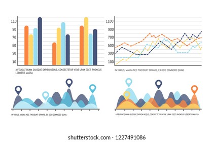 Infografía con curvas, aumentando el Vector de resultados de datos. Diagramas de flujo con escalas de números, punteros de ubicación y círculos. Diseño visual de gráficos y esquemas