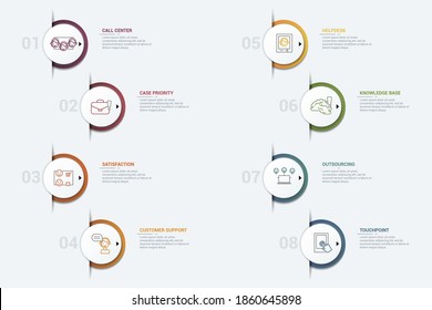 Infographic Customer Service template. Icons in different colors. Include Ivr, Solution, Touchpoint, Outsourcing and others.