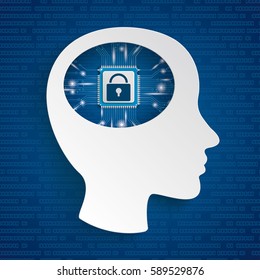 Infographic with cyborg head with microchip and Dlock on the blue background. Eps 10 vector file.