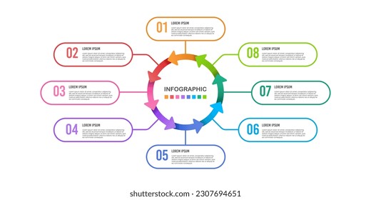 Infographic cycle 8 steps with arrows. Mind Map, Process, Template. Vector illustration.