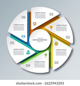 Diagrama do ciclo infográfico com 6 passos. Modelo circular vetorial que pode ser usado para relatórios, análises comerciais, materiais de marketing, visualização de dados, folhetos, apresentações.
