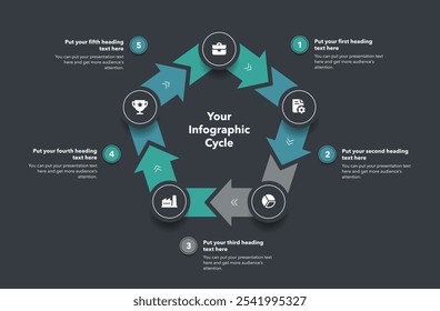 Modelo de ciclo infográfico com cinco etapas - versão escura. Design plano com ícones minimalistas e lugar para seus textos.