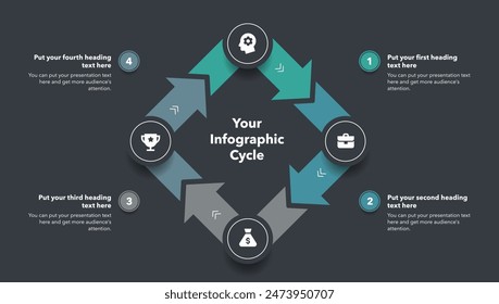 Infographic cycle template with four steps - dark version. Flat design with minimalistic icons and place for your texts.