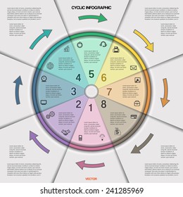 Infographic cyclic business process or workflow for project and other Your variant. Vector illustration template with text areas on eight positions