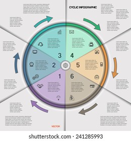 Infographic cyclic business process or workflow for project and other Your variant. Vector illustration template with text areas on six positions