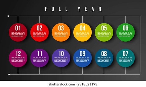 Infographic dark full year mosaic timeline template made from circles. Infographics full year timeline colorful template design with all months for business concept