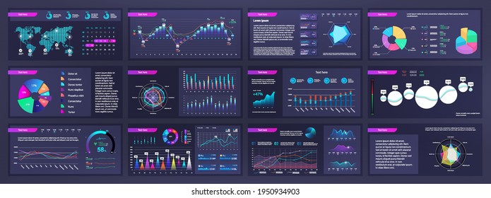 El tablero de mandos de infografía se mofa con gráficos circulares, información, diagramas y gráficos. Presentación de diapositivas estadísticas en línea y análisis de datos. IU de degradado de plantilla, UX, paneles de información. Conjunto de gráficos de vectores