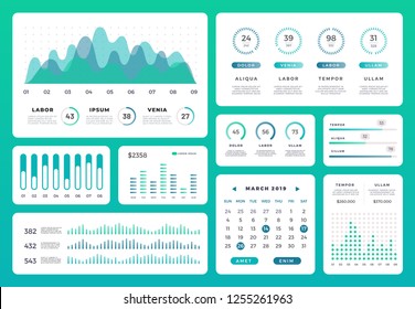 Infographic dashboard statistics workflow info.  Modern ui chart with green diagrams and graphs. Collection of 3D website vector template analytics.