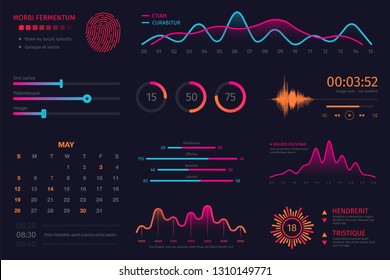 Infographic dashboard template. Data screen with colorful graphs, charts and HUD elements, statistics and analytics. Intelligent technology interface with elements for dashboard and presentation