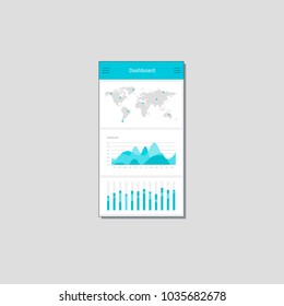Infographic dashboard template with flat design graphs and charts. Processing analysis of data