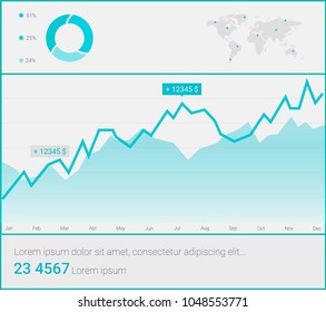 Infographic dashboard template with flat design graphs and charts. Processing and analysis of data. World map and mark on it